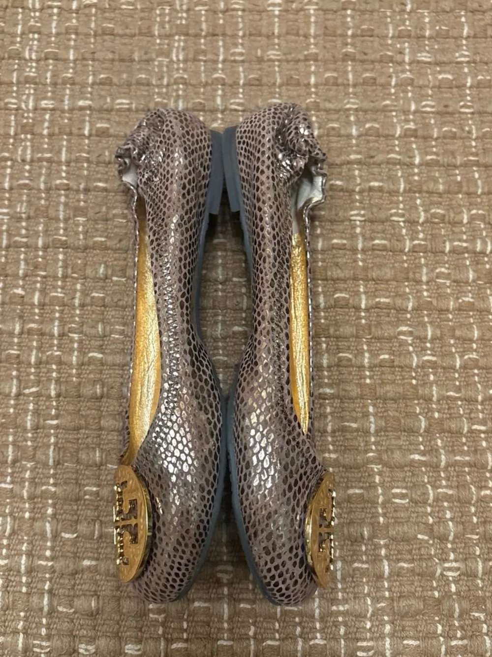 Tory Burch Rose Metallic Snake-Effect Logo Ballet Flats